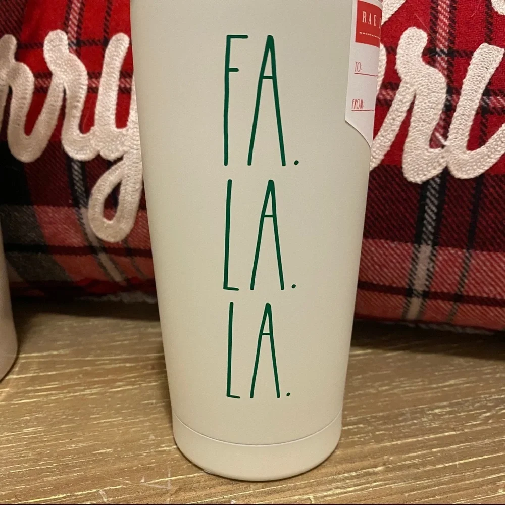 RAE Dunn travel mug fa la la